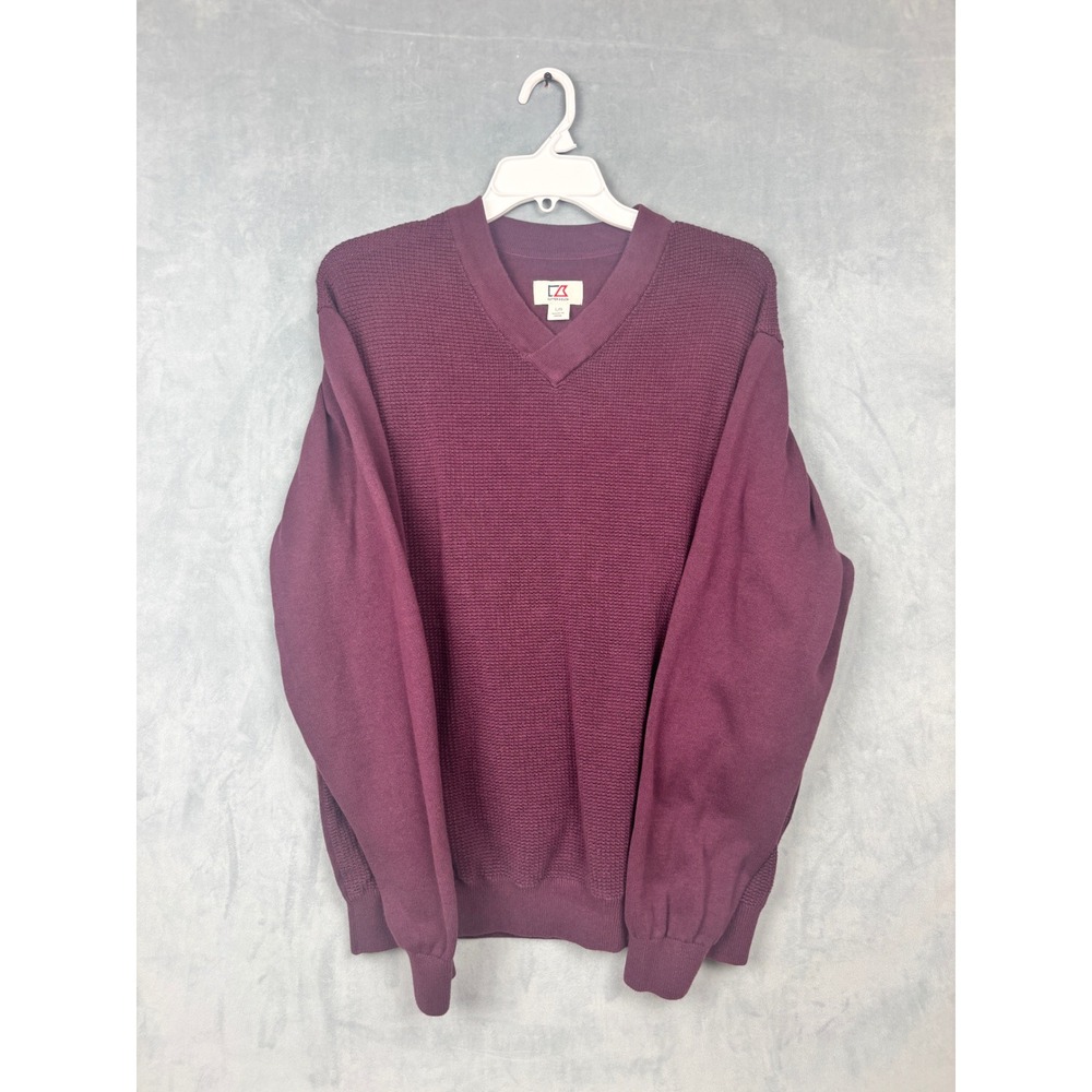 Cutter & Buck Mens Large Burgundy Purple V-Neck Waffle Knit Cotton Sweater